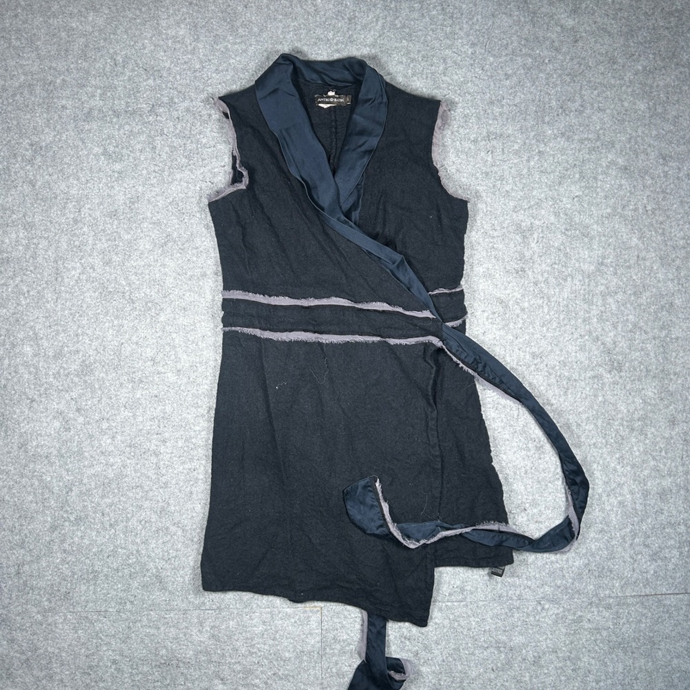 Antik Batik‎ Wrap Dress Womens Large Black Wool Satin Trim Boho Chic Designer